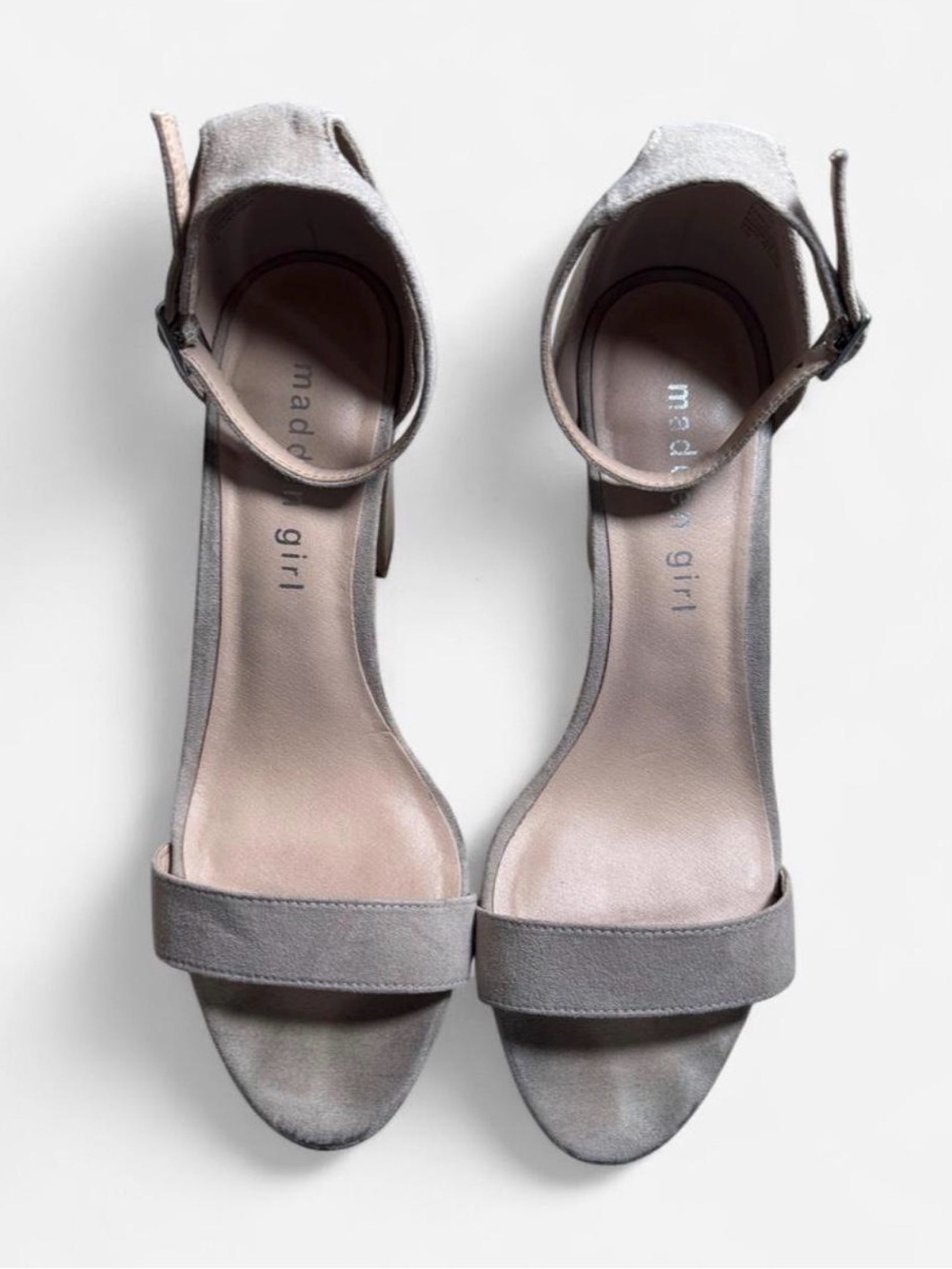 Madden Girl Light Gray Suede Ankle-Strap Sandals